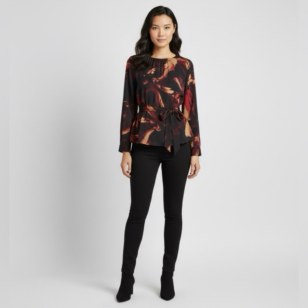 Donna Karan Black and Red Blouse with Tie Front - Picture 2 of 6